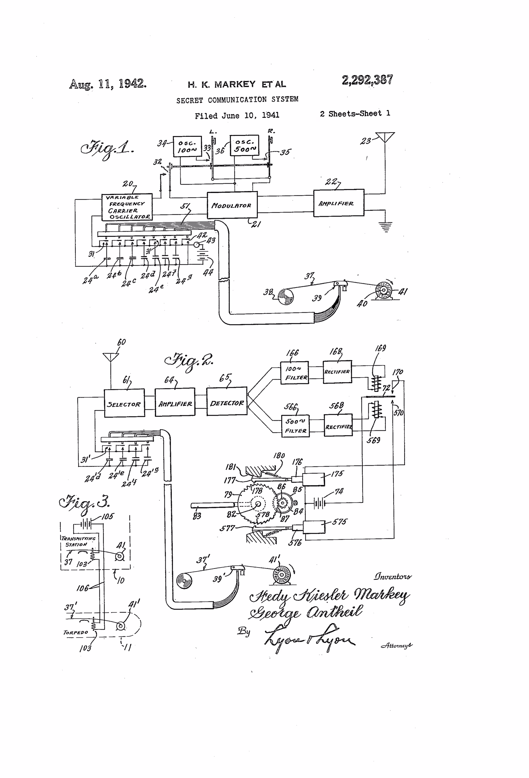 Originale Patentzeichnung der US-Patentschrift 2.292.387 ‚Secret Communication System‘ von 1942: technische Diagramme (Fig. 1–3) des Frequenzsprung-Steuersystems mit den Unterschriften der Erfinder.