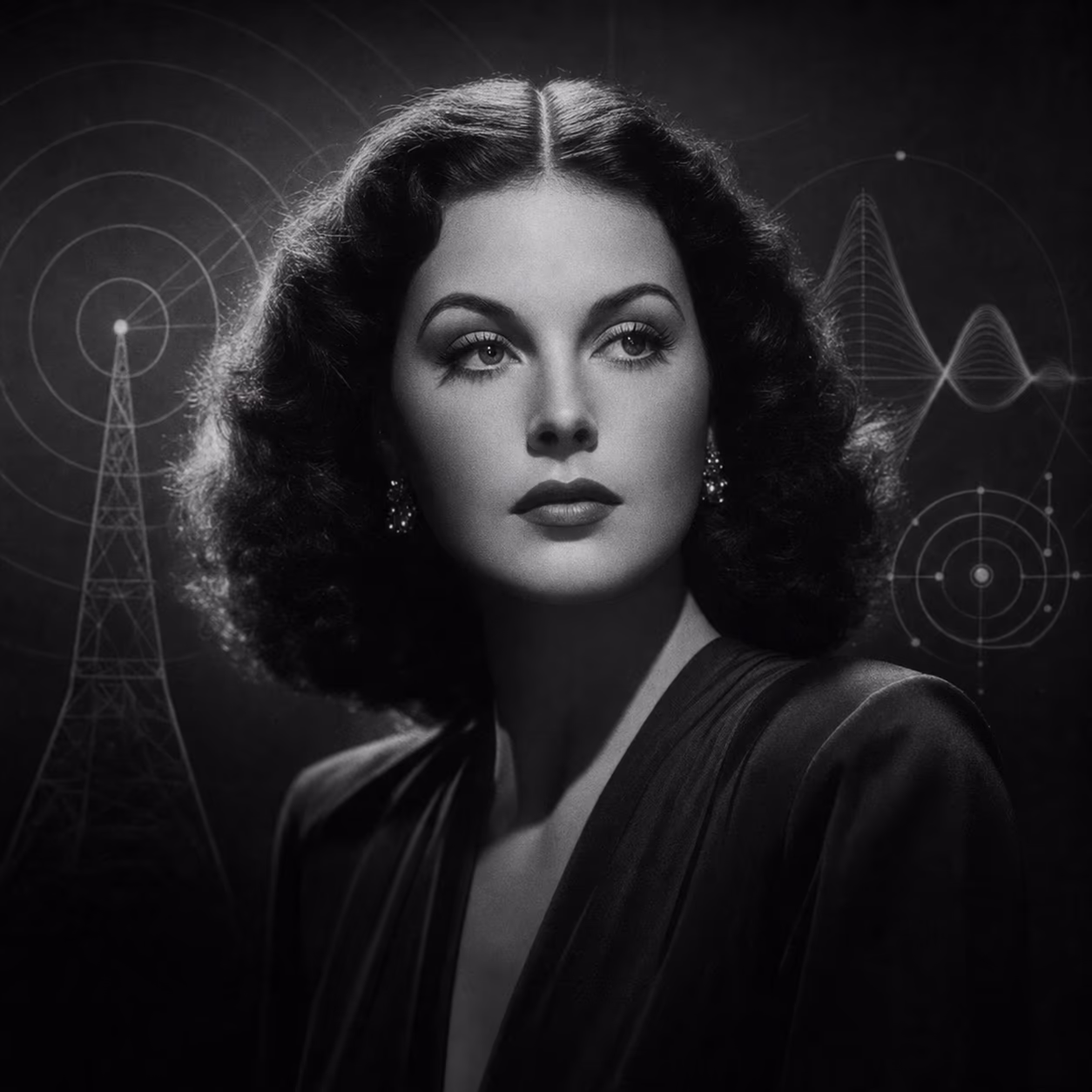 Hedy Lamarr (künstlerische KI-Illustration): elegante Hollywood-Schauspielerin der späten 1930er-Jahre, dunkle gewellte Haare, dramatisches Schwarz-Weiß-Studiolicht im Film-noir-Stil.