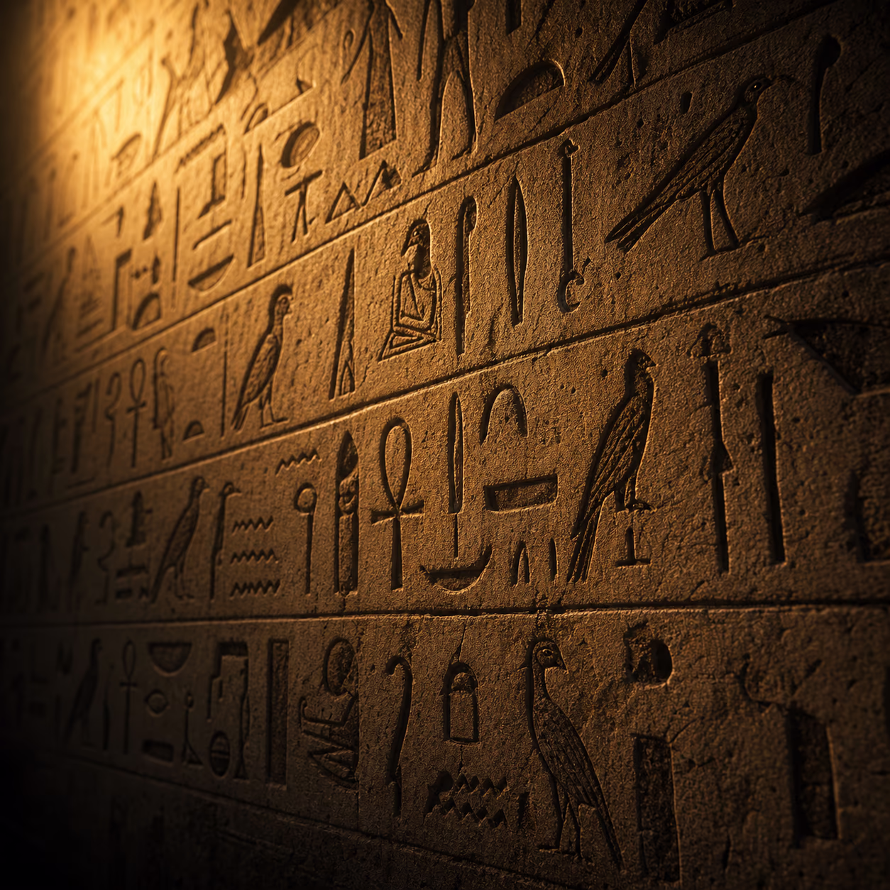 Atmosphärische Illustration einer Tempelwand mit Hieroglyphen-Relief im warmen Streiflicht
