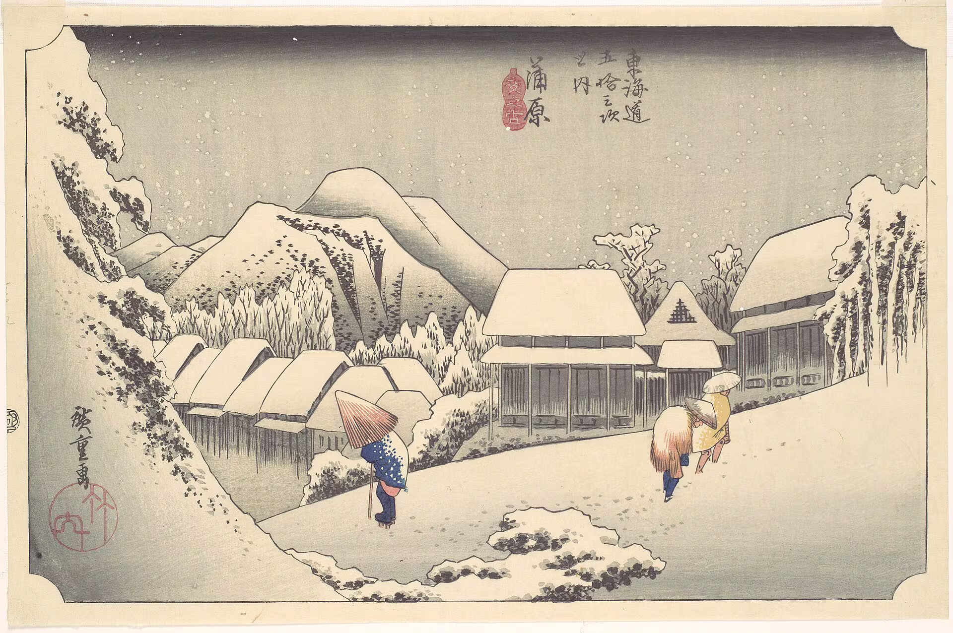 Original-Holzschnitt von Hiroshige: Kanbara, Abendschnee — drei Gestalten stapfen durch tiefen Schnee unter grauem Himmel.