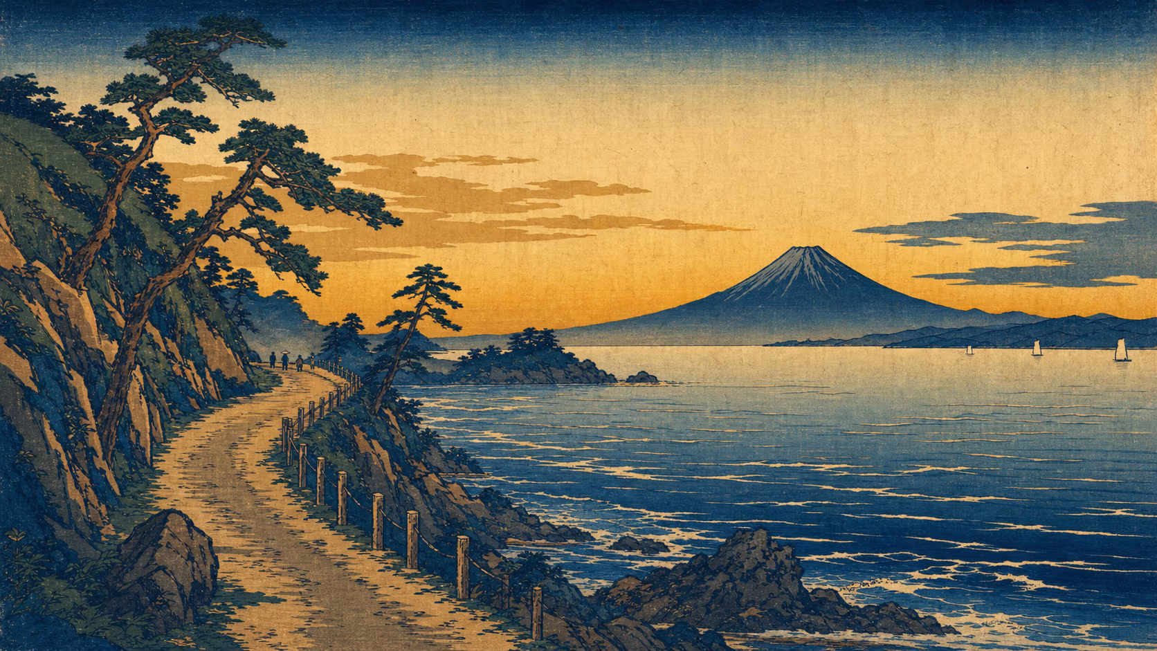 KI-Illustration im Ukiyo-e-Stil: ein Küstenweg im Abendlicht mit ferner Bergsilhouette und einem bokashi-Verlauf in Gold und Blau.