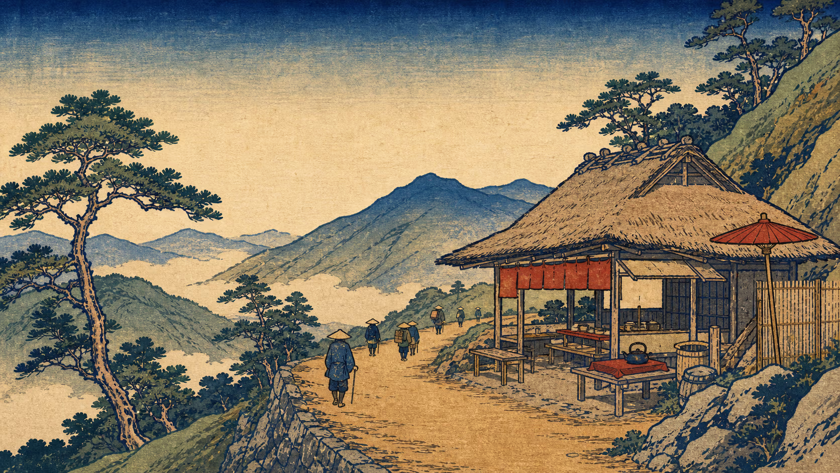 KI-Illustration im Ukiyo-e-Stil: ein Teehaus an einem Bergpass mit bokashi-Himmel, Kiefernhügeln und kleinen, gesichtslosen Reisenden.