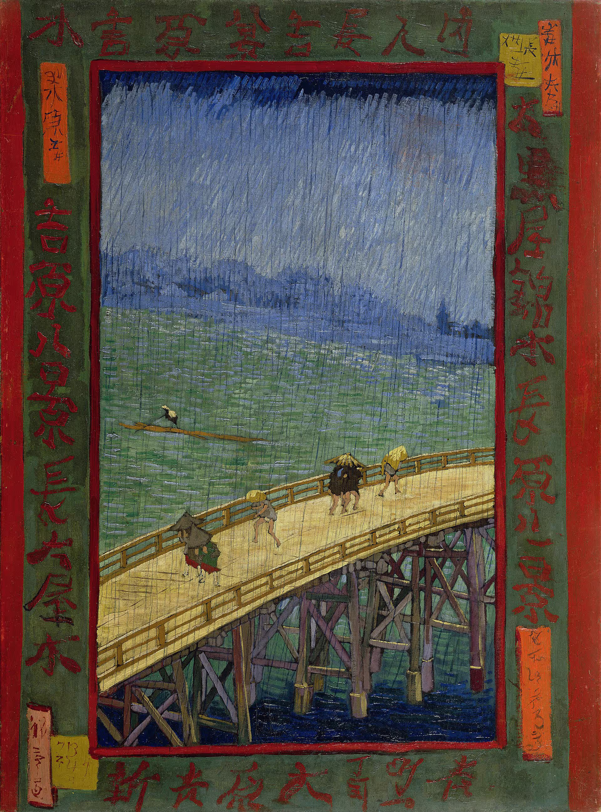 Ölgemälde von Vincent van Gogh, 1887: Brücke im Regen (nach Hiroshige) — eine getreue Kopie eines Hiroshige-Holzschnitts mit gesteigerten Farben und einem Rahmen aus japanischen Schriftzeichen.