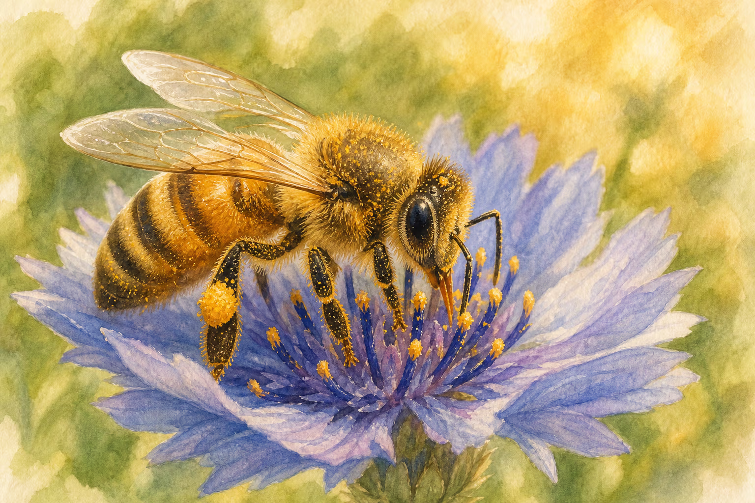 Aquarell-Illustration einer Honigbiene, die auf einer blauen Kornblume Nektar sammelt; an ihren Beinen sind Pollenhöschen zu erkennen.