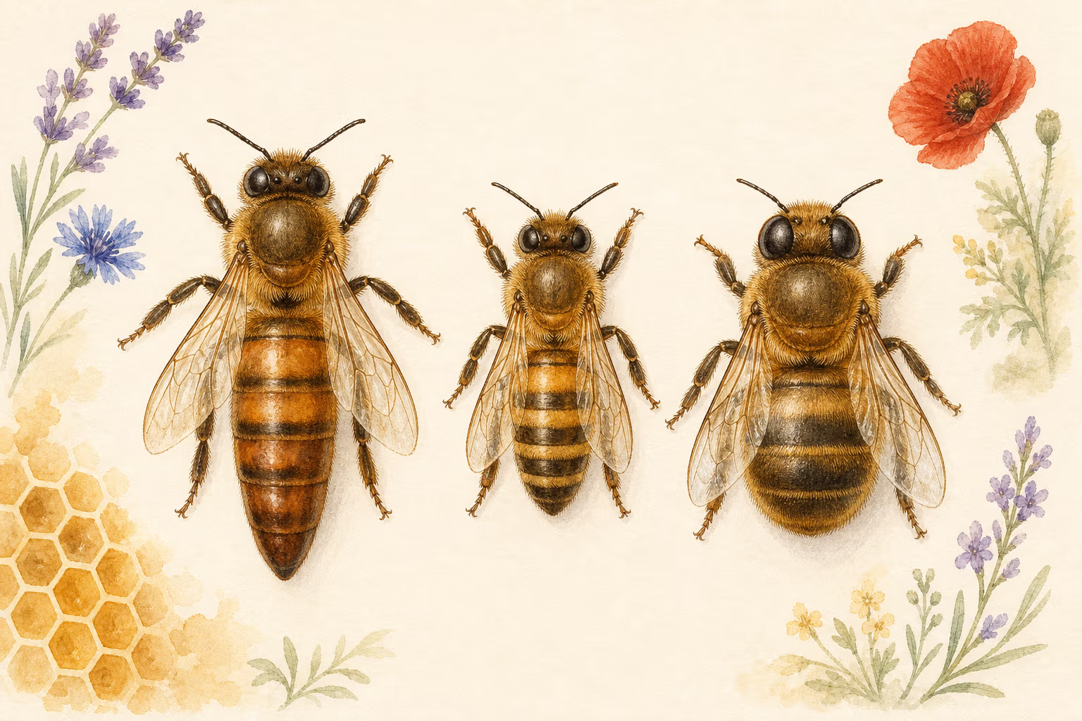 Lehrtafelhafte Illustration im Botanik-Stil, die drei Honigbienen nebeneinander vergleicht: die längere Königin, die kleinere Arbeiterin und die gedrungene Drohne.