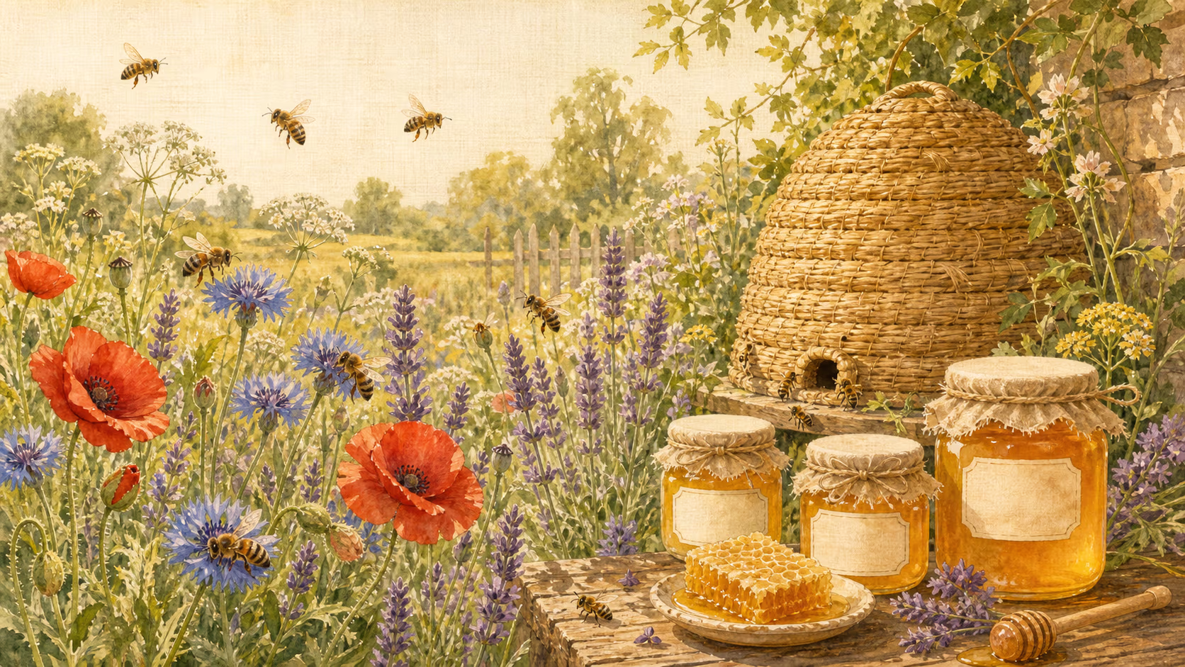 Warme Illustration einer spätsommerlichen Bienenwiese mit Mohn, Kornblumen und Lavendel, einer geflochtenen Korbbeute am Gartenrand und Honiggläsern mit Etiketten.