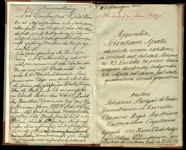 Titelseite des Appendix von 1832 — János Bolyais Abhandlung der absoluten, nichteuklidischen Geometrie, lateinisch gesetzt.