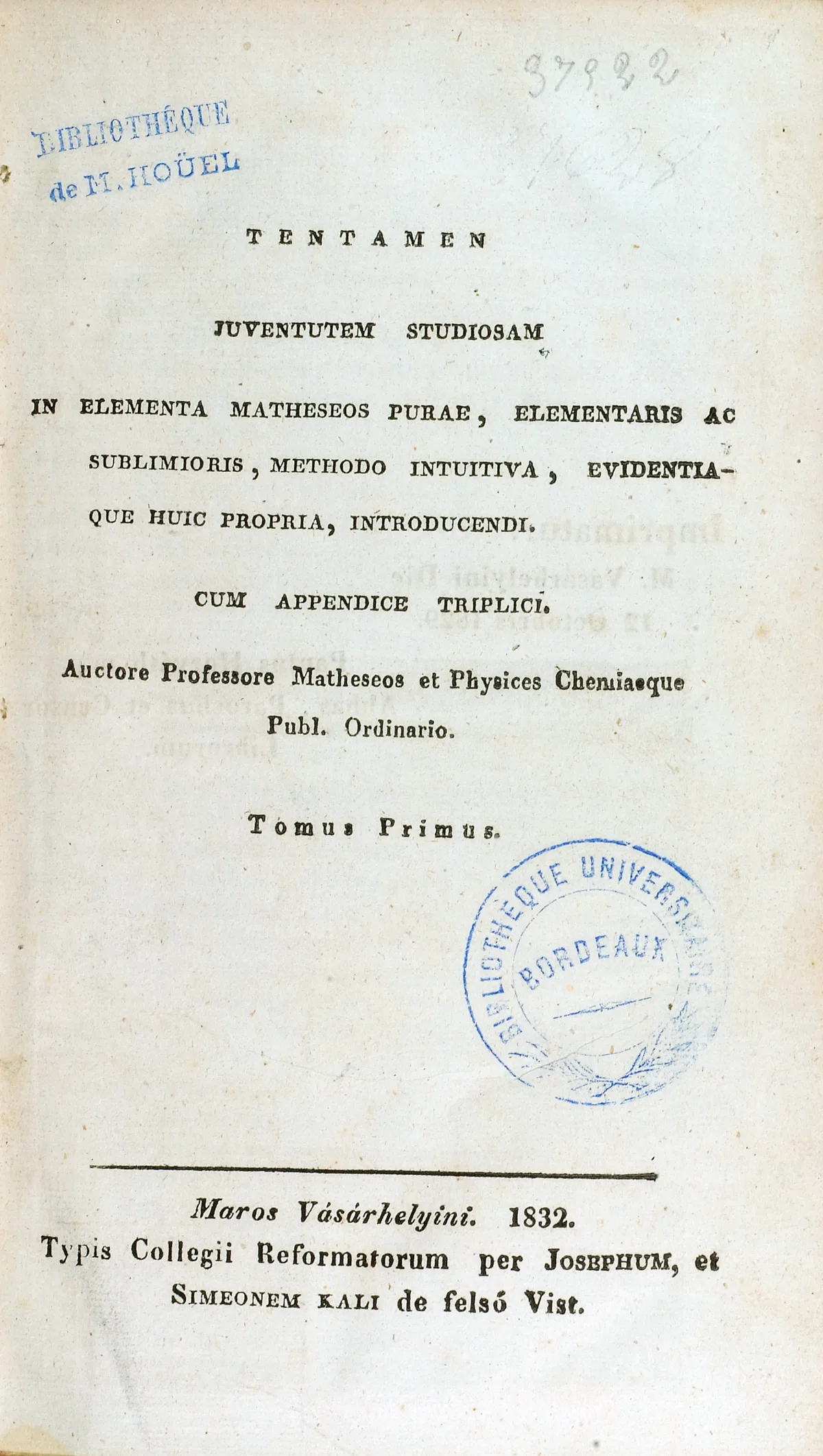 Titelseite des Tentamen von Farkas Bolyai, 1832 — das Lehrbuch des Vaters, dessen Anhang János' Appendix bildete.