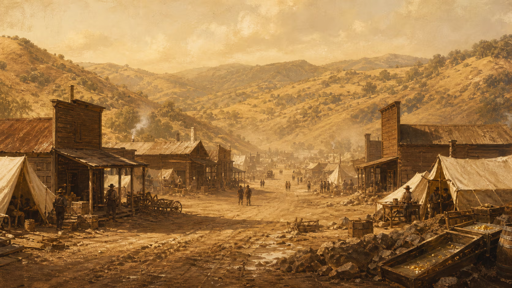 Atmosphärische Illustration einer Boomtown-Hauptstraße von 1849 mit Holz-Falsefronts, Zelten und goldenen Hügeln im Staub.
