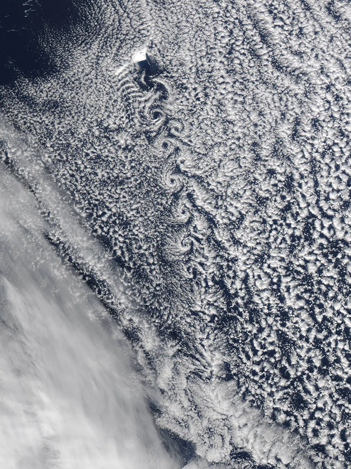 NASA-Satellitenbild der Grönlandsee: hinter dem schneebedeckten Vulkan Beerenberg der Insel Jan Mayen ziehen sich enge, gegenläufige Wolken-Wirbel über den arktischen Ozean — eine Von-Kármán-Wirbelstraße.