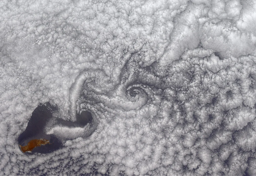 NASA-Satellitenbild der pazifischen Insel Guadalupe vor Baja California: im Windschatten des 1,3 km hohen Vulkanrückens reißt die Stratokumulus-Wolkendecke zu einer doppelreihigen Von-Kármán-Wirbelstraße auf.