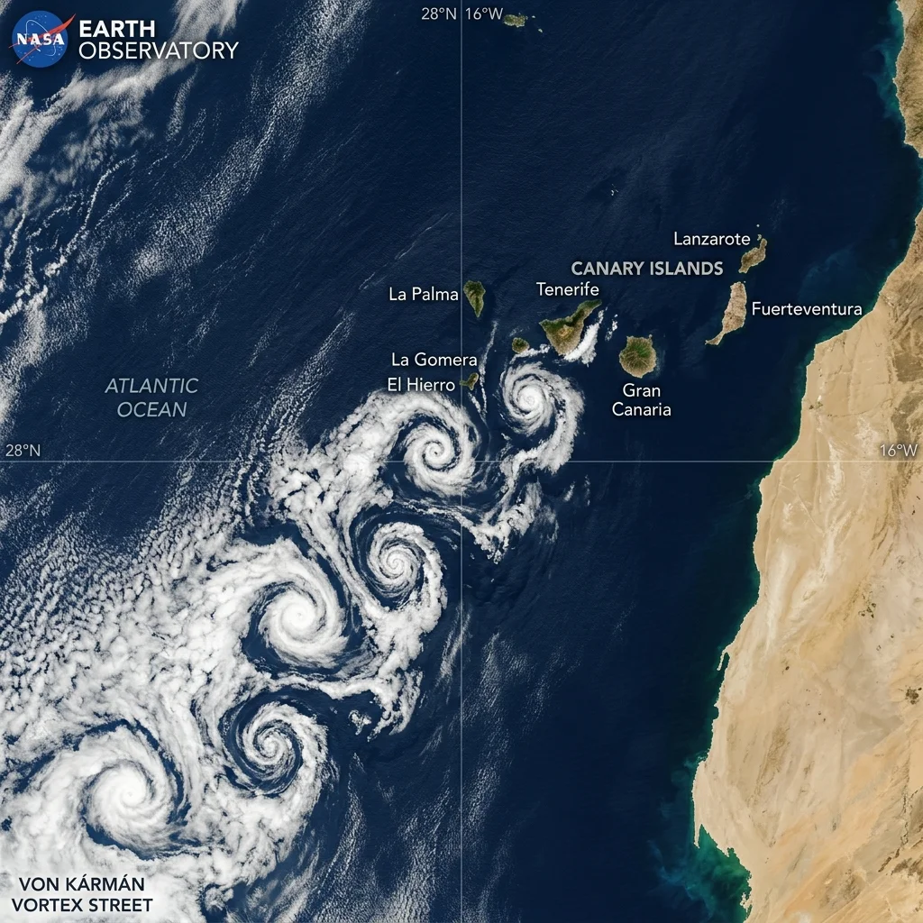 NASA-Satellitenbild der Kanarischen Inseln: hinter den hohen Vulkangipfeln von Teneriffa und La Palma zieht sich eine lange Kette gestaffelter, gegenläufiger Wolken-Wirbel über den Atlantik — eine Von-Kármán-Wirbelstraße.