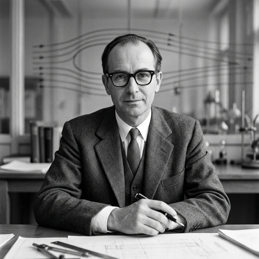 Illustriertes Porträt von Theodore von Kármán: älterer Wissenschaftler im Anzug mit Brille vor einem dezenten Strömungs-Hintergrund.