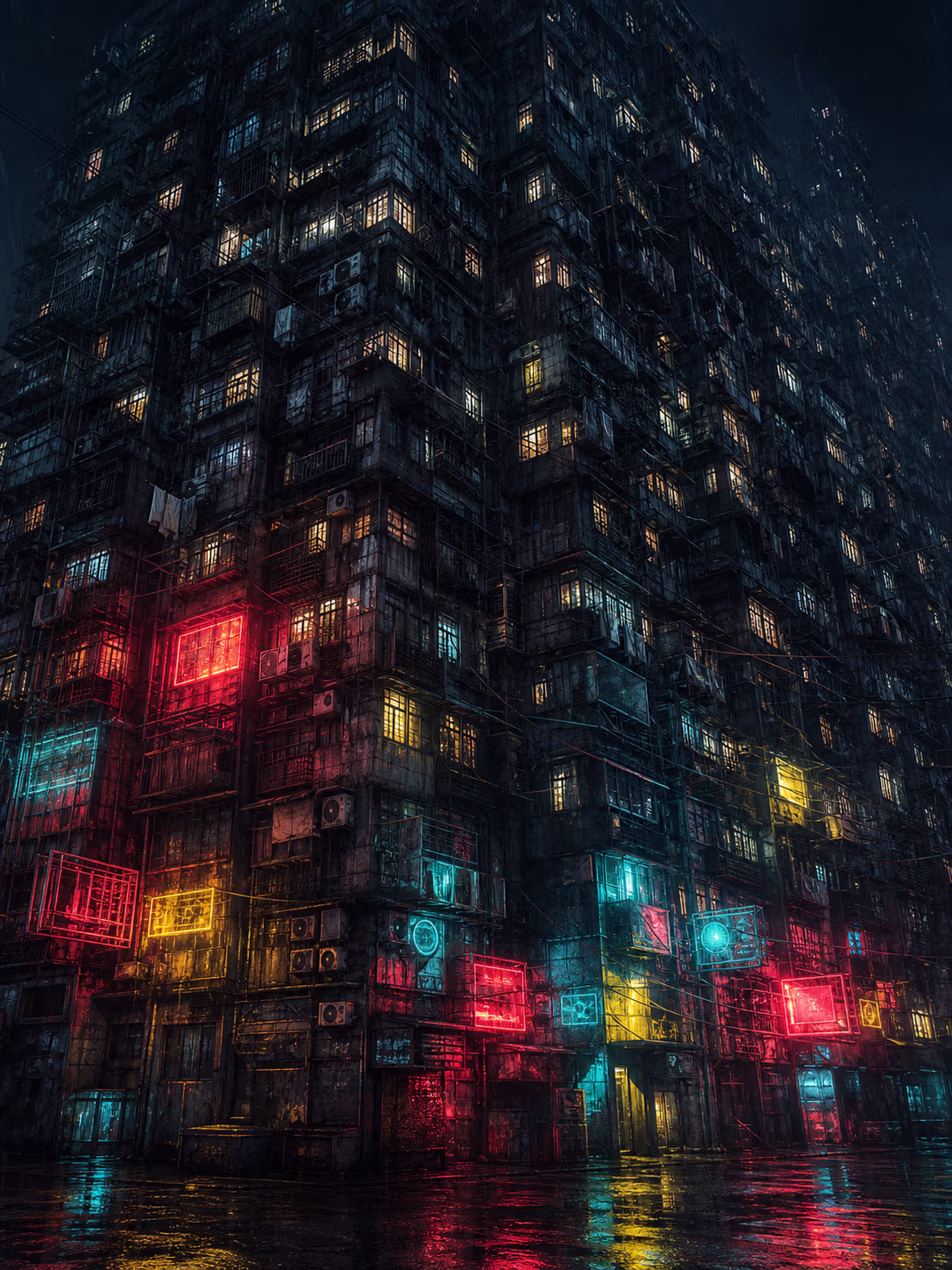 KI-Illustration: Die nächtliche, organisch verwachsene Block-Fassade der Walled City mit erleuchteten Wohnzellen und Neon-Reklame im Regen — kein historisches Foto.