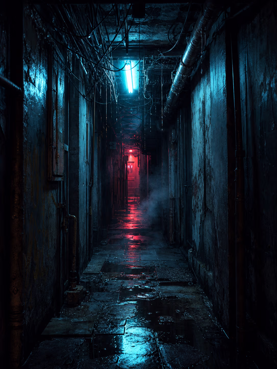 KI-Illustration: Eine enge, klaustrophobische Gasse mit einer einzelnen cyanfarbenen Leuchtstoffröhre, tiefem Karmin-Schein und tropfenden Leitungen — kein historisches Foto.
