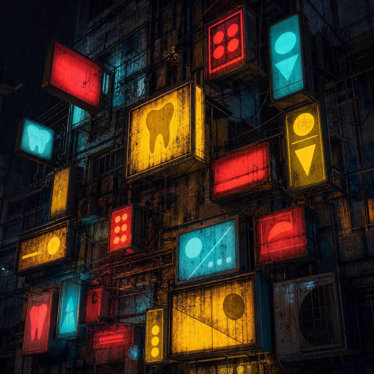 KI-Illustration: Ein dichtes Cluster erleuchteter Leuchtkästen mit abstrakten Zahnarzt- und Werkstattsymbolen in Karmin, Cyan und Gelb — kein historisches Foto.