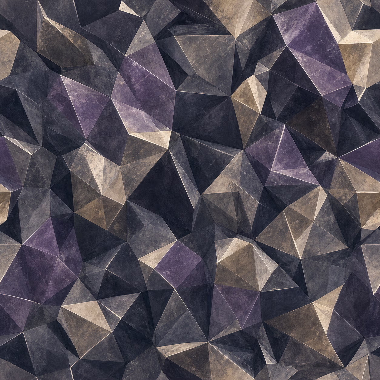 Facettierte, kubistisch zersplitterte Mineraloberfläche in gedämpftem Quarz, Amethyst und Rauchtopas mit harten Lichtkanten