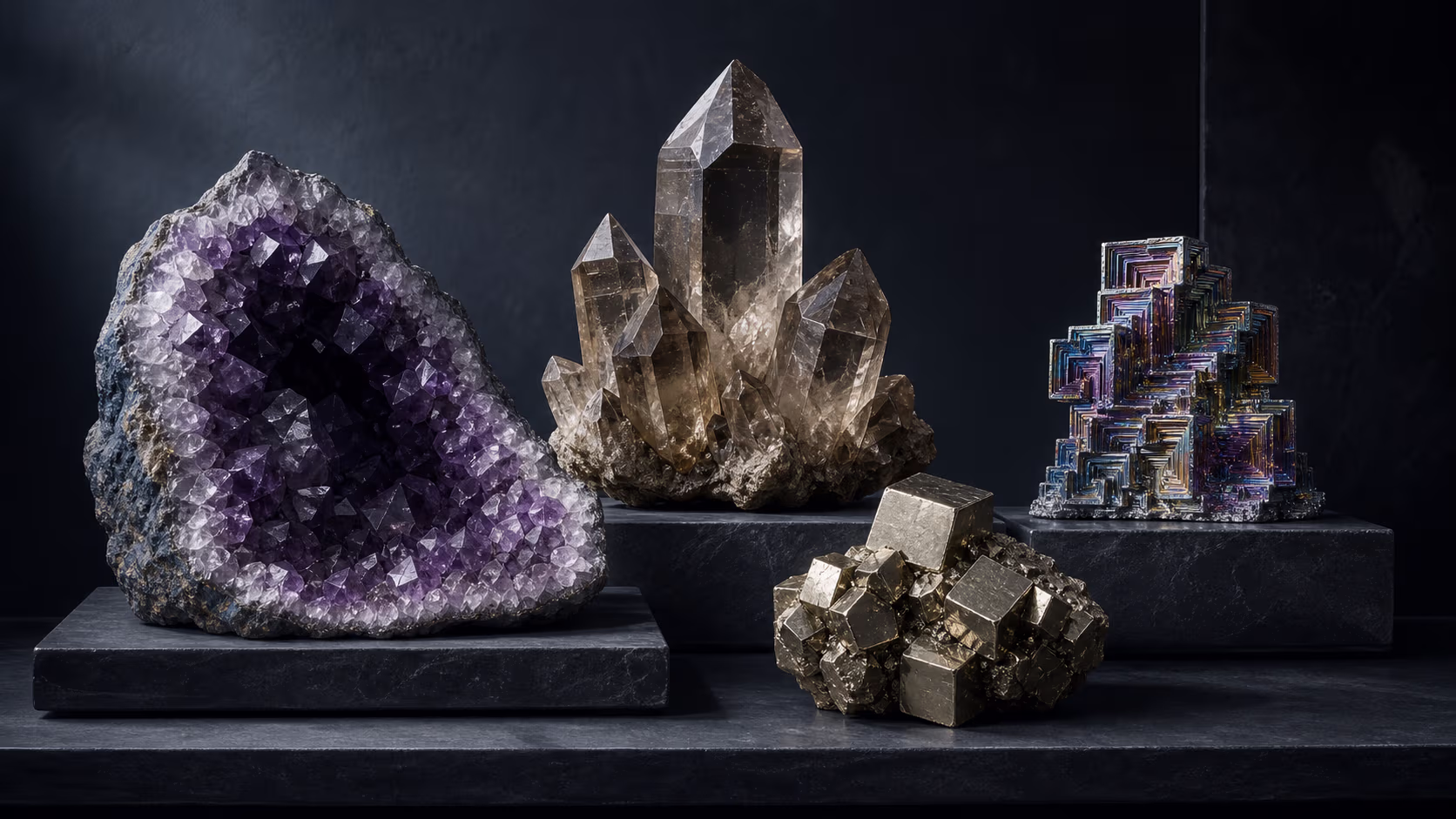 Mineralien-Kabinett im kühlen Streiflicht: Amethyst-Geode, Rauchquarz-Spitzen, Pyrit-Würfelaggregat und Bismut-Treppenkristall auf dunklen Schiefer-Sockeln