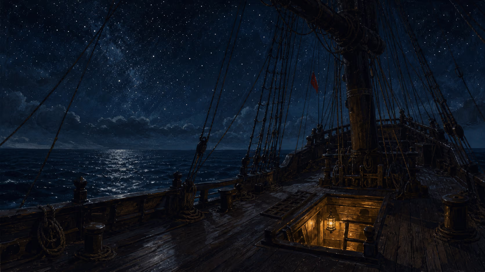 KI-Illustration: das Deck eines Segelschiffs des 18. Jahrhunderts bei Nacht unter Sternenhimmel, Masten und Takelage über ruhiger See.