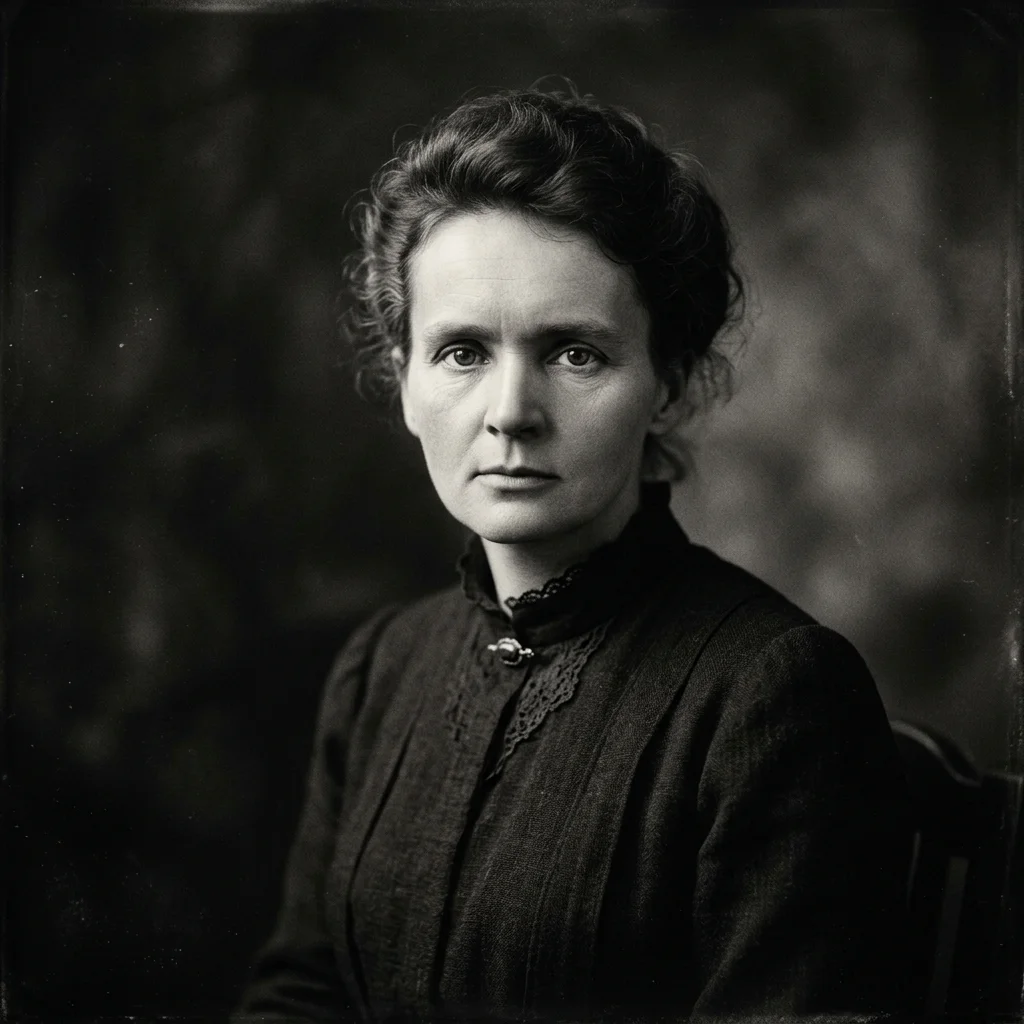 Stimmungsvolles Schwarz-Weiß-Studioporträt von Marie Curie, frontal, mit ruhig-ernstem Blick