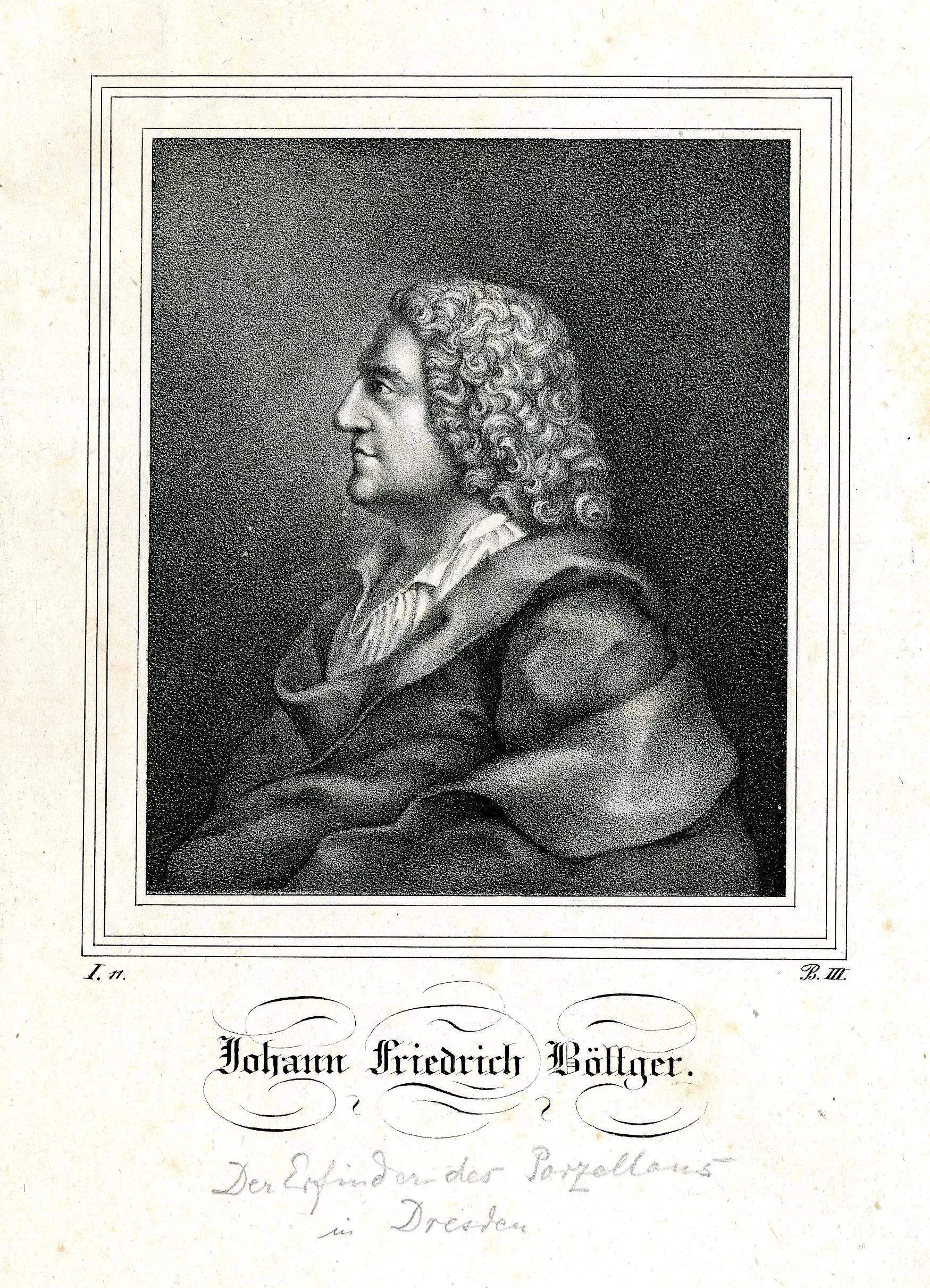 Historischer Porträtdruck von Johann Friedrich Böttger im Profil, mit Perücke, gemeinfreie Reproduktion.