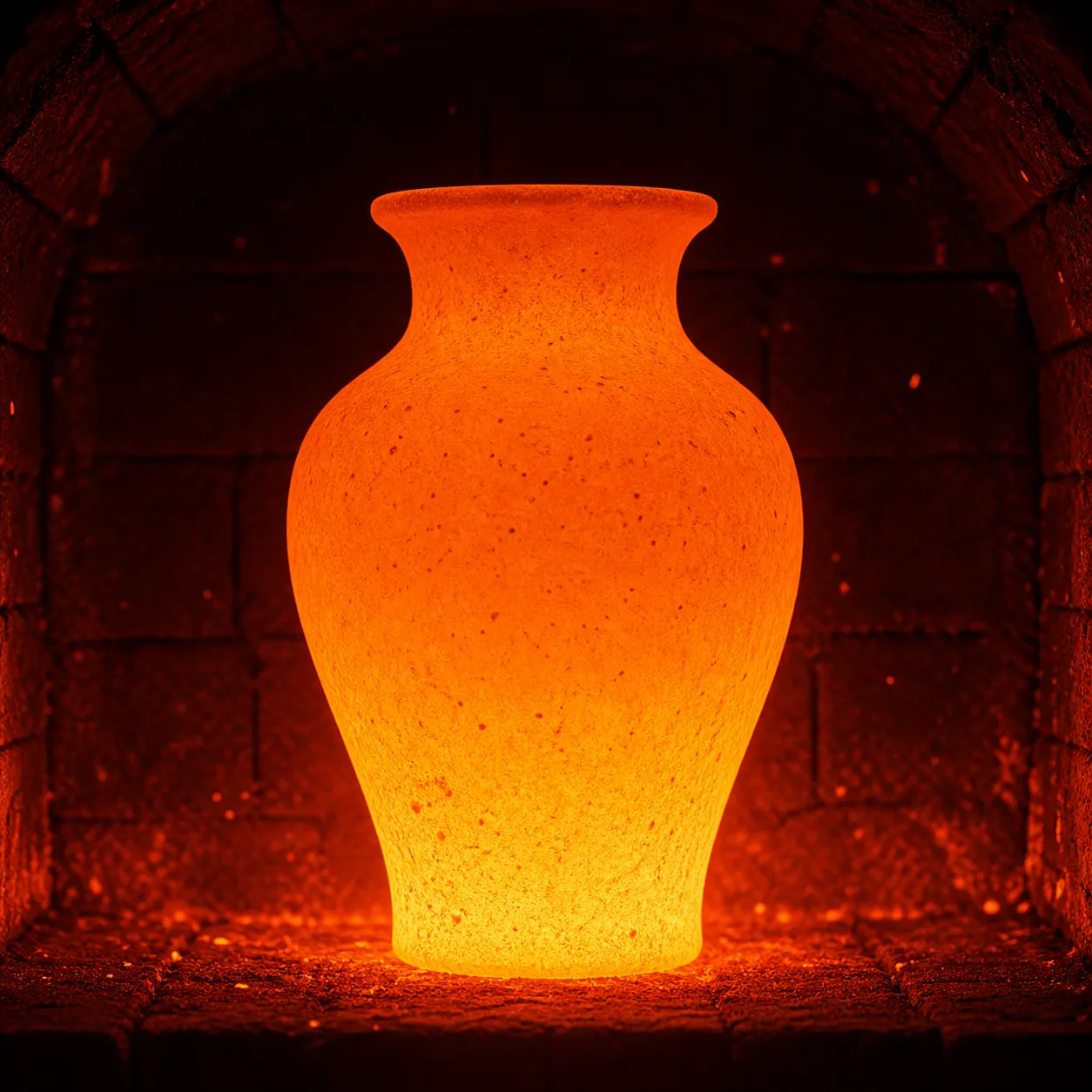 Dieselbe Vase, glühend heiß im Brennofen — KI-Illustration der Brennglut.