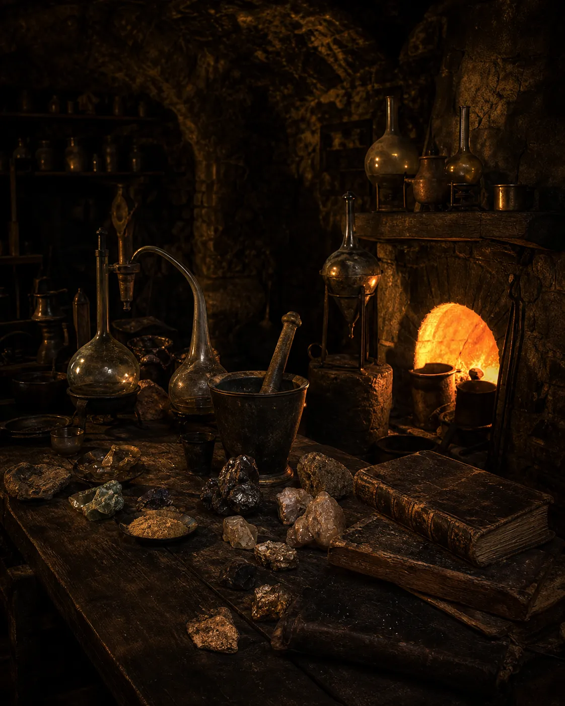 Ein Alchemisten-Keller bei Nacht, beleuchtet vom Glühen eines Ofens: Tiegel, Glaskolben, Bücher und Mineralien auf einem schweren Holztisch — KI-Illustration.