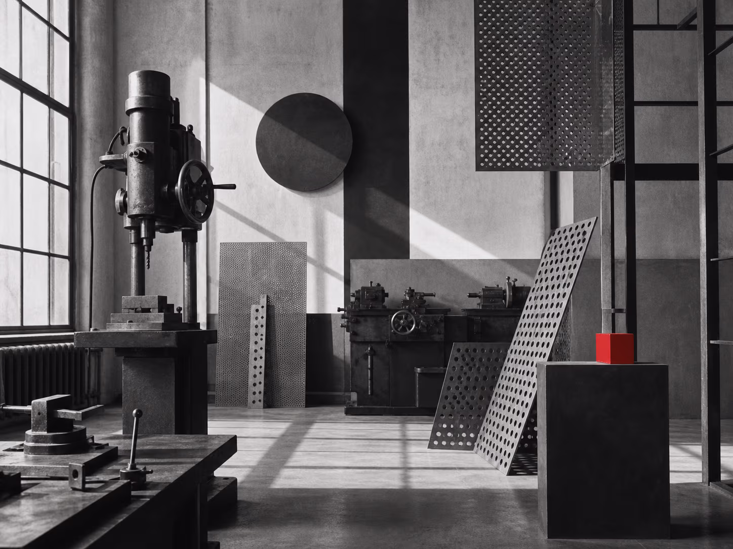 KI-Illustration: eine monochrome Bauhaus-Metallwerkstatt mit Werkbänken und Maschinen, ein einzelner roter Akzent.
