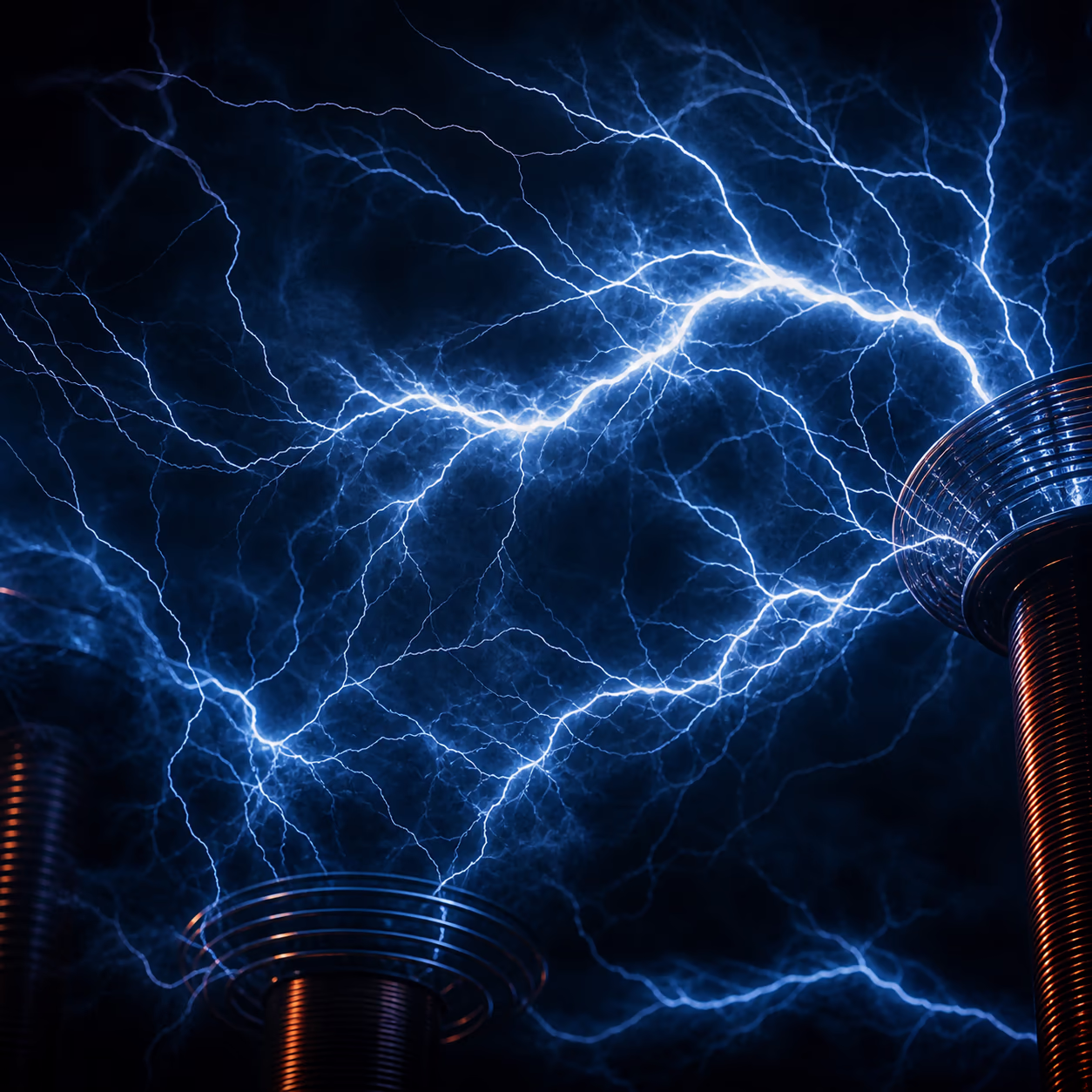 KI-Illustration: ein dunkles Labor, erfüllt von violett-blauem elektrischem Glühen und feinen Lichtbögen. Künstlerische Atmosphäre, kein historisches Foto.