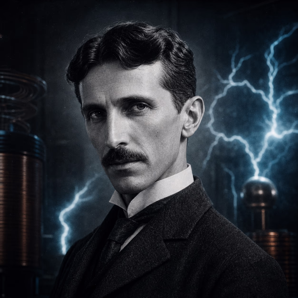 KI-Illustration im Stil eines Studio-Porträts: ein Mann mit ernstem Blick im dunklen Anzug, an Nikola Tesla angelehnt. Kein authentisches historisches Foto.