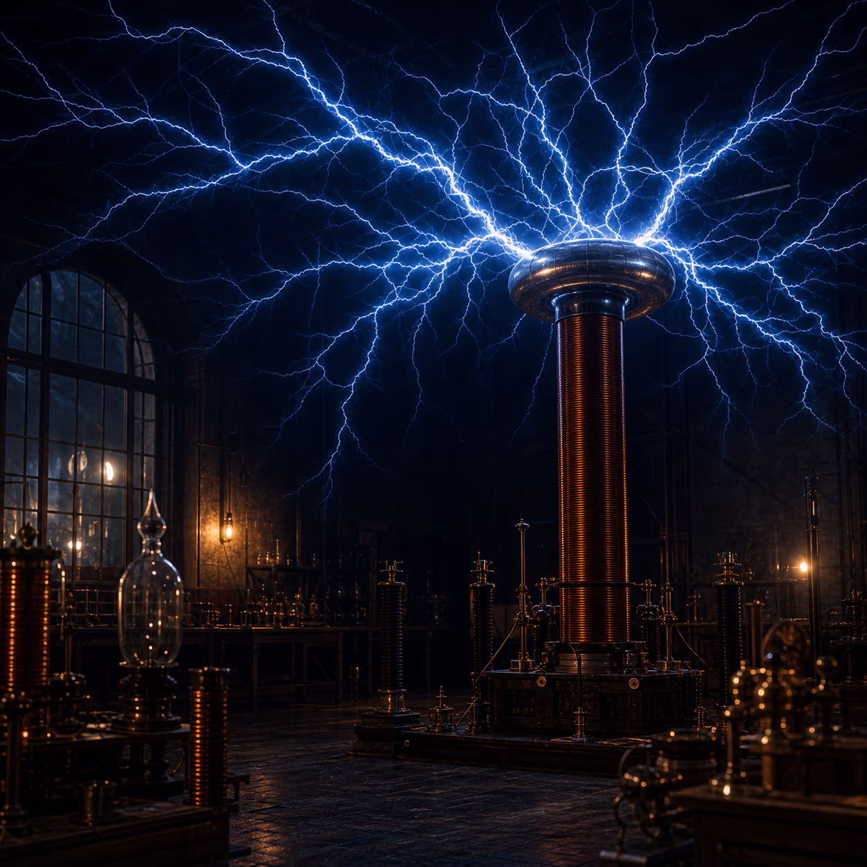 KI-Illustration: eine Tesla-Spule in der Dunkelheit, von der verzweigte Hochspannungs-Entladungen ausgehen. Künstlerische Darstellung, kein historisches Foto.