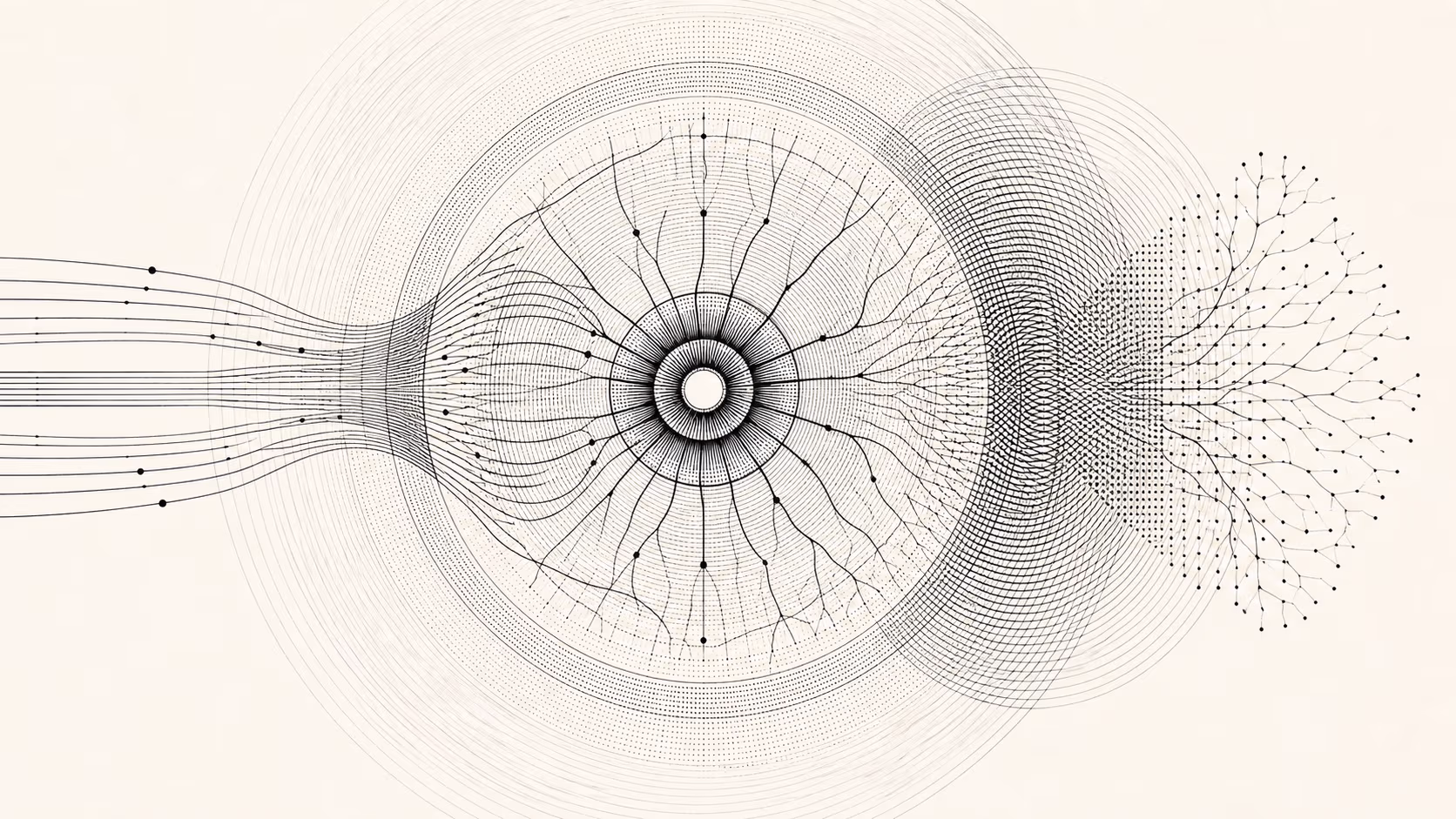 Abstrakte Schwarz-Weiß-Illustration von Auge, Netzhaut und neuronalen Sehbahnen mit konzentrischen und radialen Linien, die ein Moiré-Muster bilden — keine echte Aufnahme.