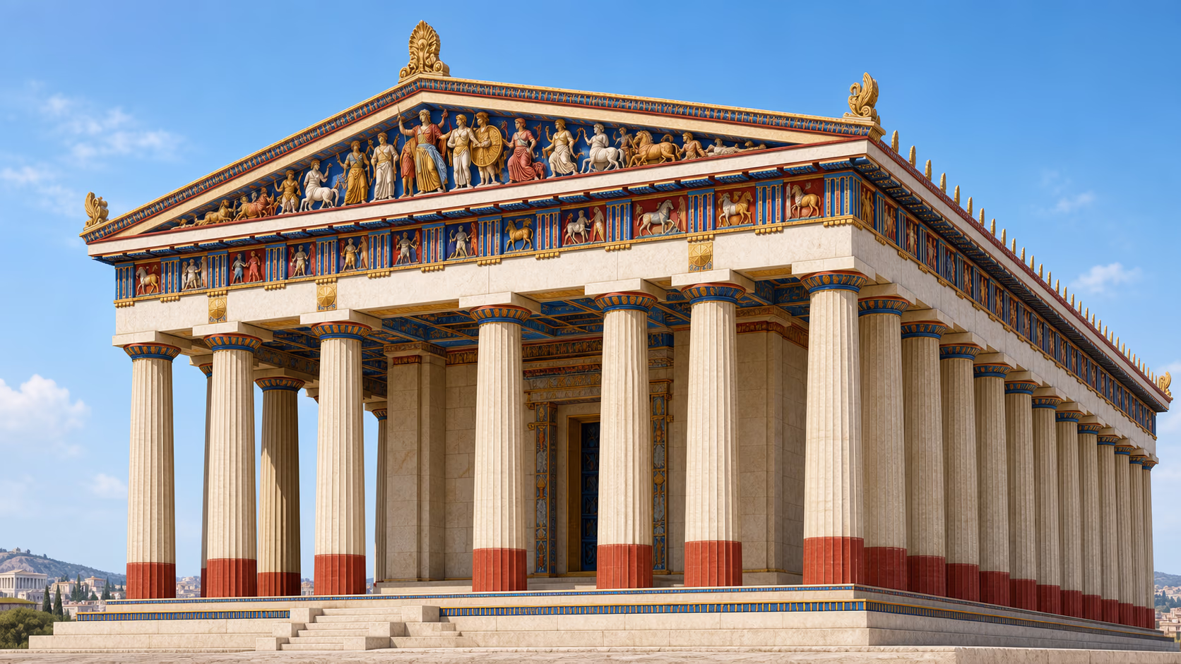 Digitale Rekonstruktion (KI-Illustration) eines farbig bemalten Parthenon-Frieses in Ägyptisch Blau, Ocker-Rot und Gold — kein Originalfoto.