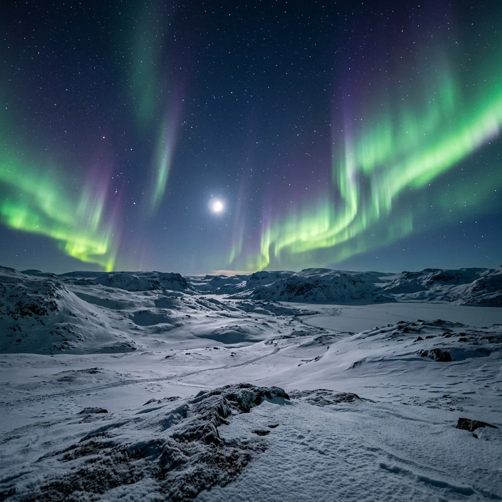 Grün-violette Aurora-Vorhänge über einer verschneiten, baumlosen Arktis-Landschaft bei Nacht, Mond am Sternenhimmel.