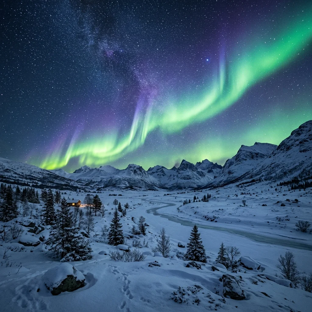 Grüne und violette Aurora-Vorhänge über einer verschneiten Berglandschaft, fotografiert vom Boden aus.
