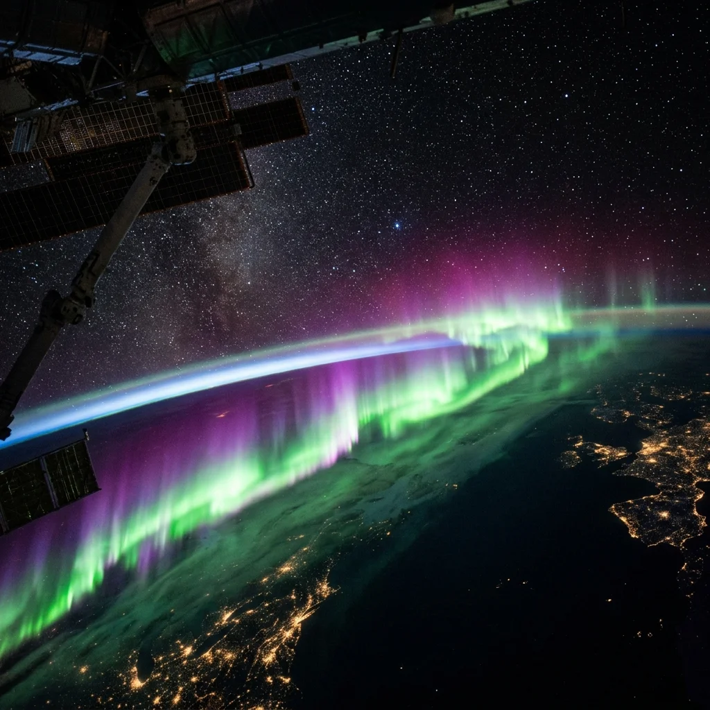 Aurora australis als grün-violettes Lichtband über dem Erdrand, fotografiert von der Internationalen Raumstation; darunter Wolken und Stadtlichter, oben das Sternenfeld.