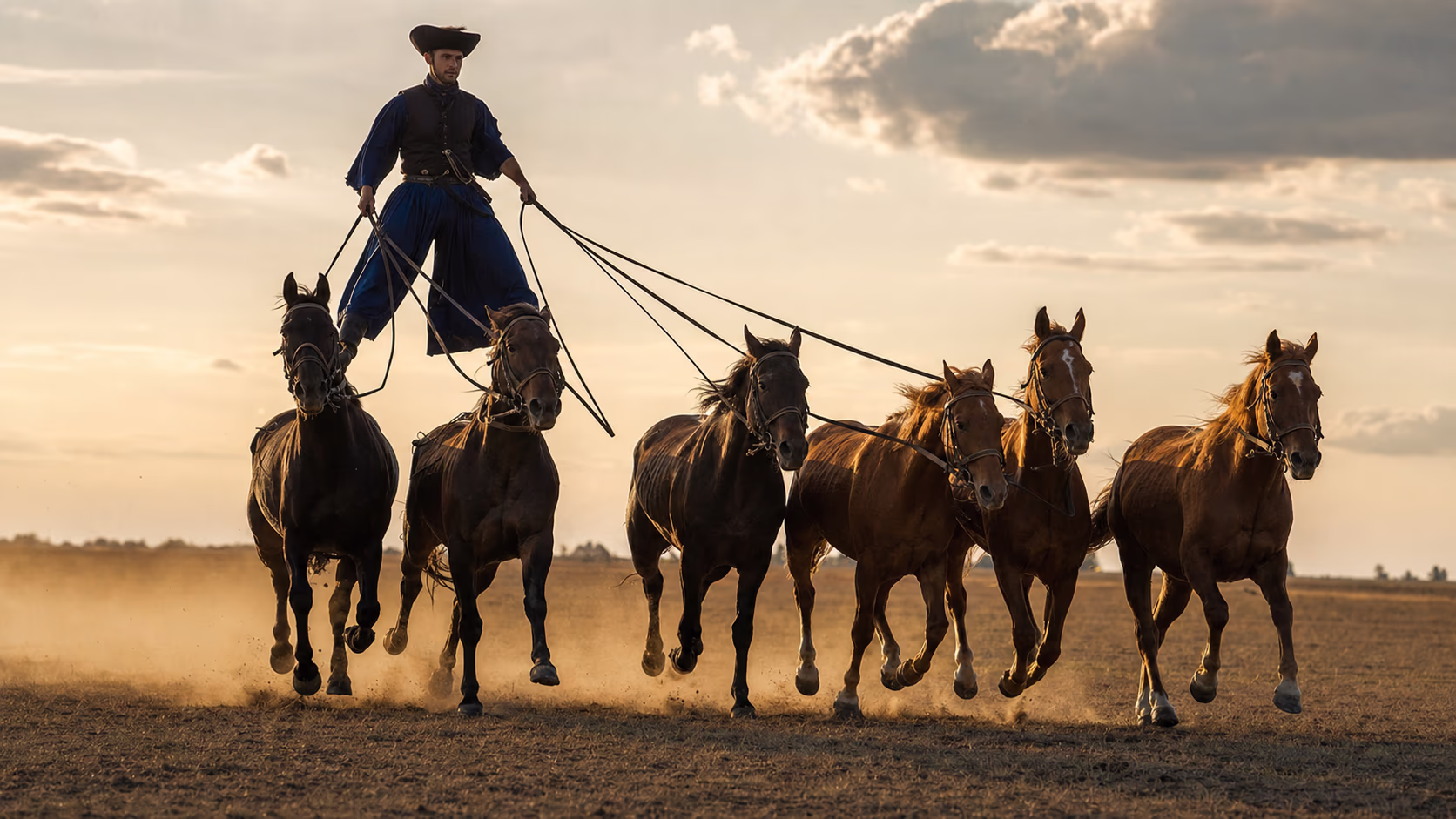 Stilisierte Darstellung eines Csikós, der im Galopp auf zwei Pferden steht und drei weitere davor lenkt — die ‚ungarische Post‘ —, Staub und warmes Gegenlicht über der weiten Steppe.