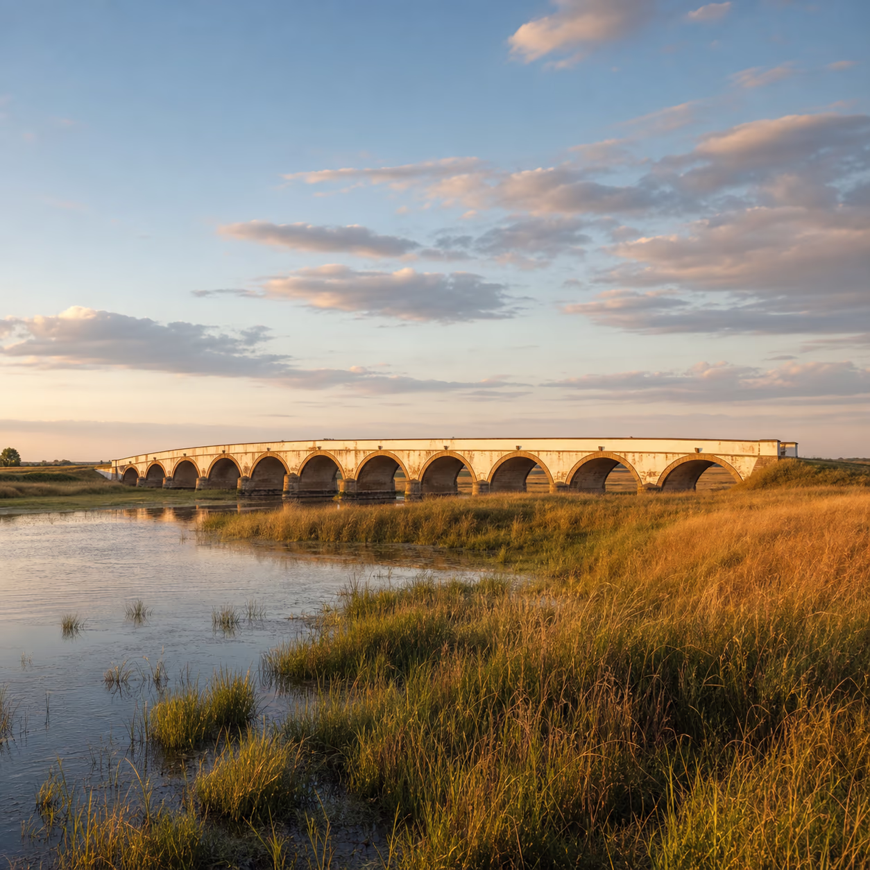 Lange klassizistische Steinbrücke mit neun Bögen, die sich flach über das Wasser der Ebene spannt — die Neunbogenbrücke des Hortobágy.