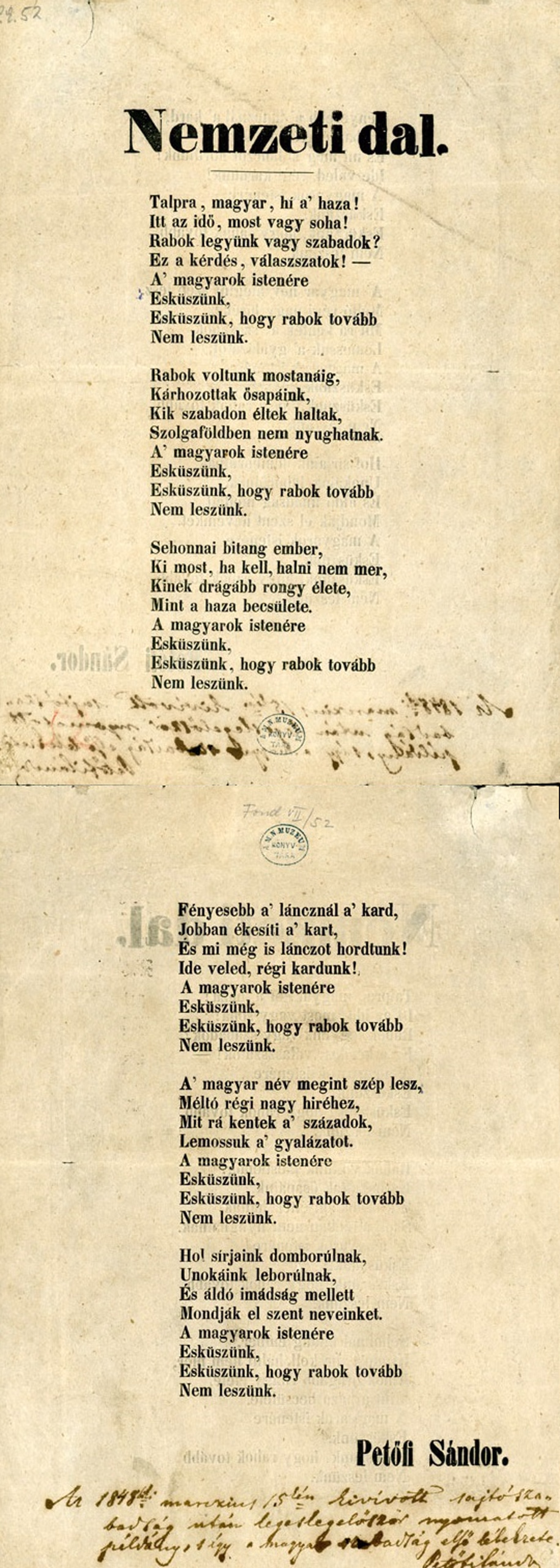Gedruckter Originalbogen des Nemzeti dal, Landerer & Heckenast, 15. März 1848 — von Sándor Petőfi signiertes Exemplar.