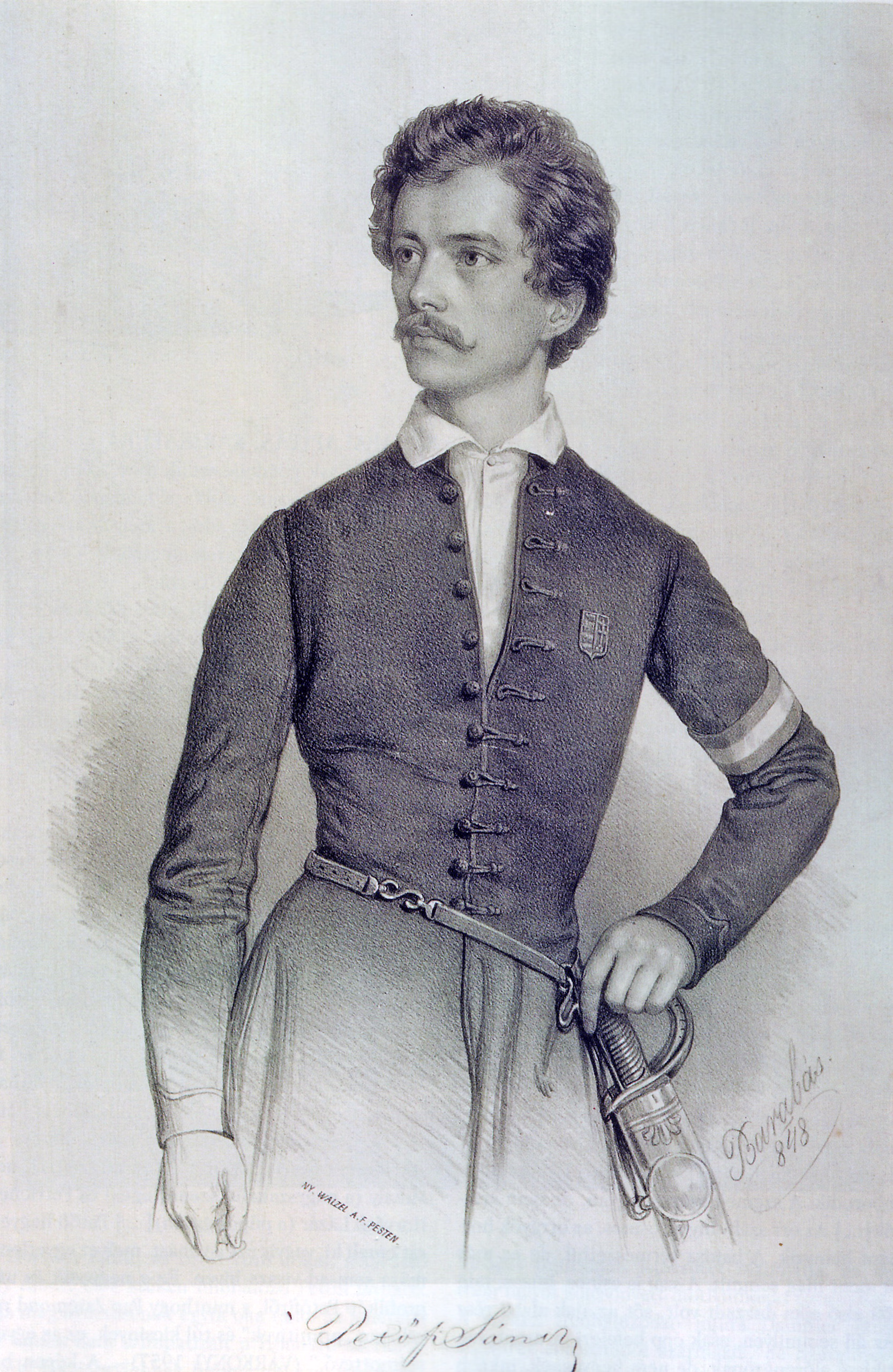 Sándor Petőfi, Lithografie von Miklós Barabás, 1848.