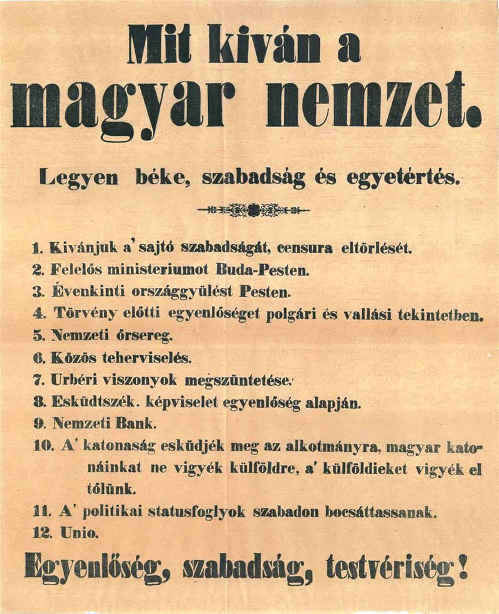 Gedruckter Originalbogen der 12 Punkte mit der Überschrift „Mit kíván a magyar nemzet