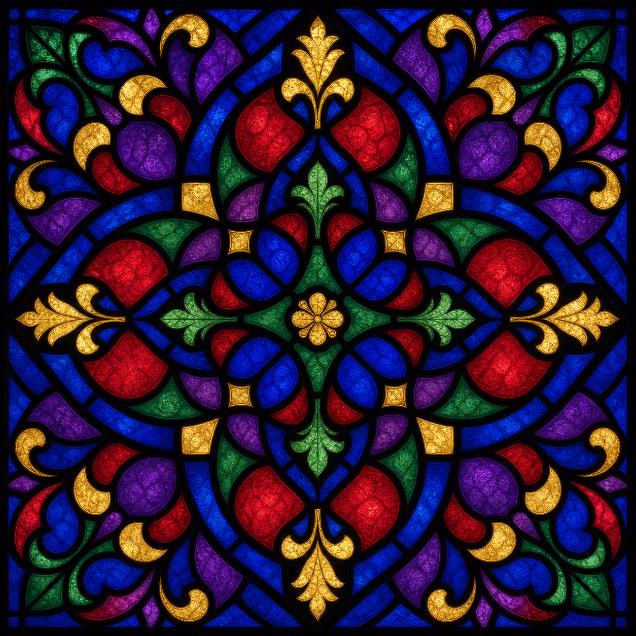 KI-Illustration: abstraktes gotisches Buntglas-Ornament in Kobalt, Rubin, Grün und Gold, gefasst von schweren schwarzen Bleiruten.