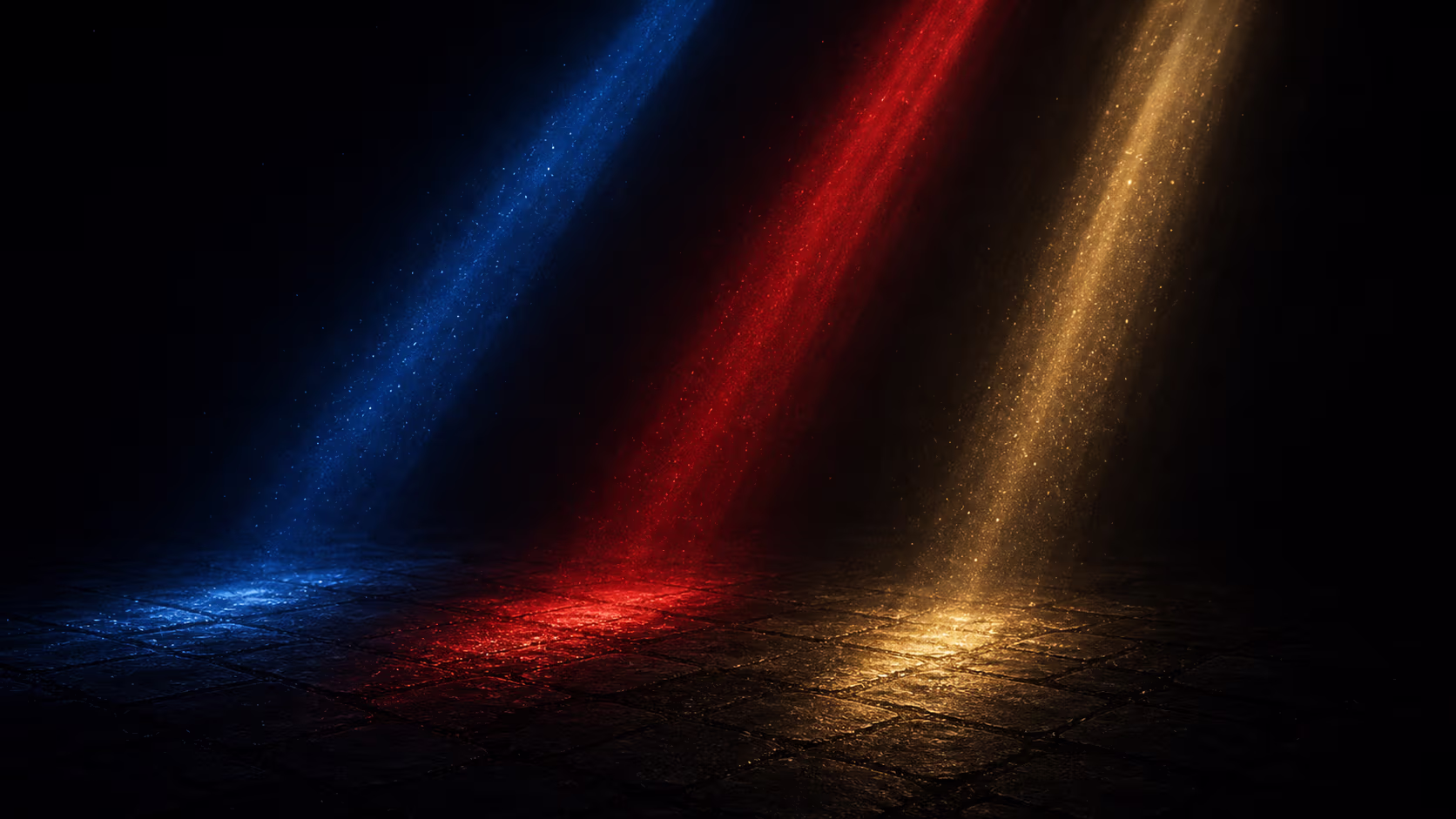 KI-Illustration: farbige Lichtkegel in Blau, Rot und Gold fallen durch Dunkelheit auf einen dunklen Steinboden.