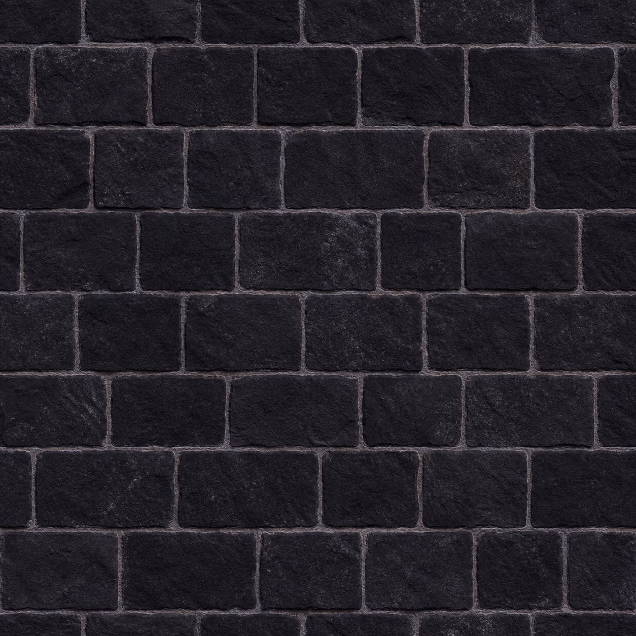 KI-Illustration: Textur einer dunklen mittelalterlichen Steinmauer mit hellen Mörtelfugen.