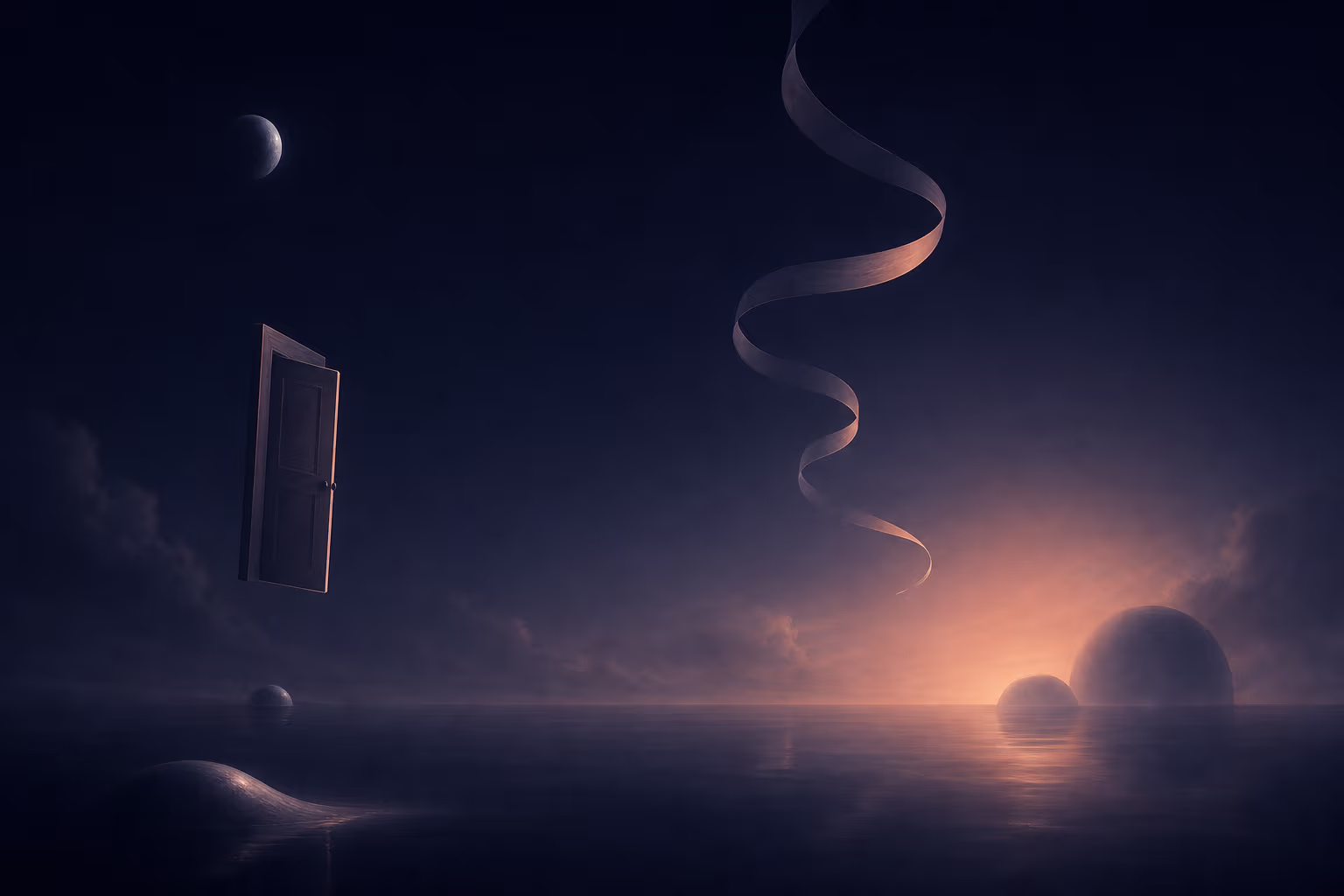 KI-Illustration: eine schwebende Tür ohne Wand und ein spiralndes Band über einer stillen See, mit einem Dämmer-Pfirsich-Glühen am Horizont