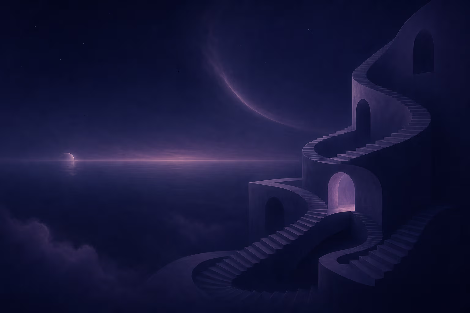 KI-Illustration: eine unmögliche, in sich faltende Treppen-Architektur in weichem Rosé-Violett über Nebel