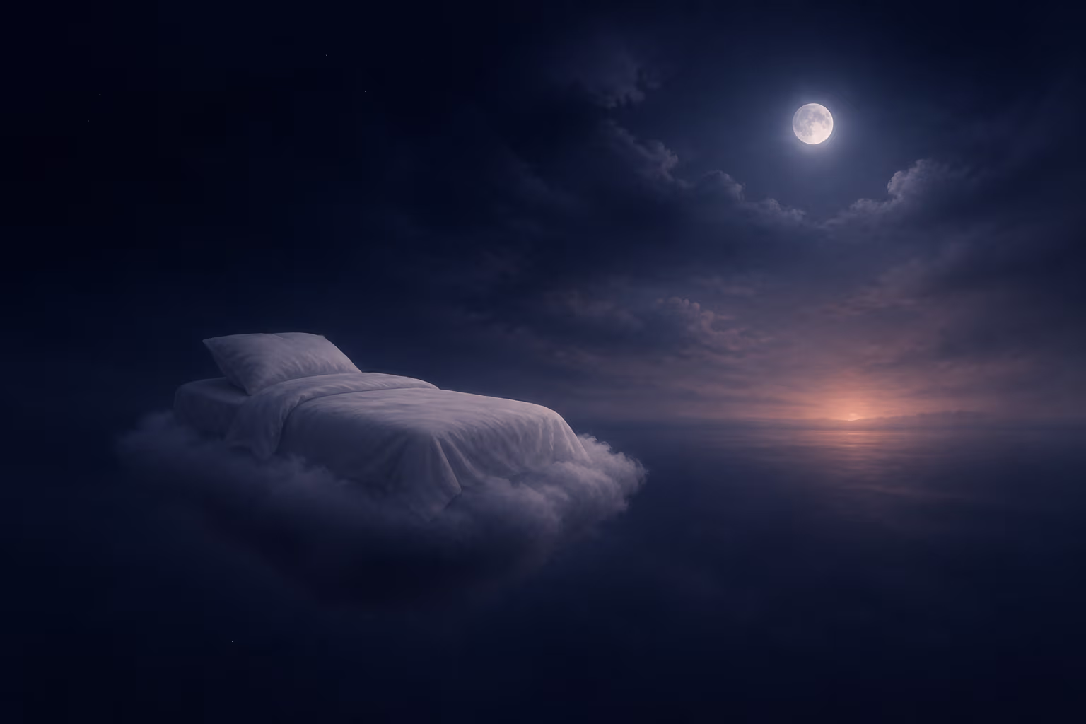 KI-Illustration: eine schwebende Wolken- und Bettform über einer Traum-Leere, mit Mond und ruhigem Pfirsich-Akzent am Horizont