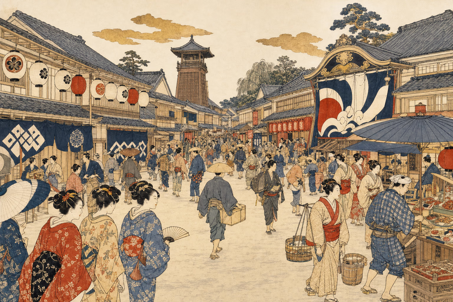 KI-Illustration im hellen ukiyo-e-Holzschnitt-Anklang: eine belebte Straßenszene des alten Edo mit hölzernen Stadthäusern, Ladenvorhängen (noren), einem Kabuki-Banner, Marktständen, Flanierenden und Papierlaternen — die fließende Welt (ukiyo).