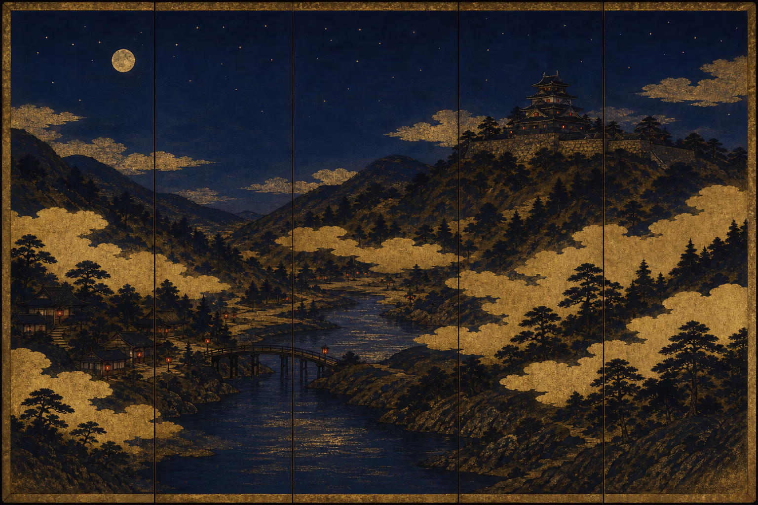 KI-Illustration: dieselbe Burglandschaft bei Nacht unter tiefem Indigo-Himmel mit blassem Mond — derselbe Ausschnitt, nur das Licht wechselt von Tag zu Nacht.