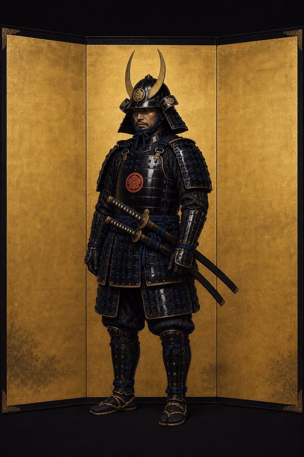 KI-Illustration im Goldgrund-Stellschirm-Stil: ein Samurai in vollständiger Lackrüstung in würdevoller Ruhe, mit gehörntem Helm, indigofarbenen Rüstungsschnüren und dem Schwertpaar an der Seite, vor warmem Blattgold. Keine erhobene Waffe, keine Gewaltdarstellung.